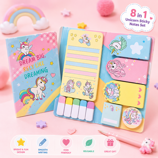 Unicorn Magic Sticky Notes | 8-in-1 Kawaii Stationery Set for Girls