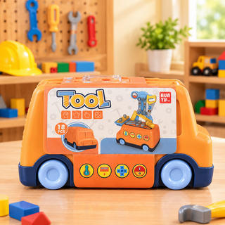 Side view of kids tool set truck case with packaging showing the pretend workshop setup