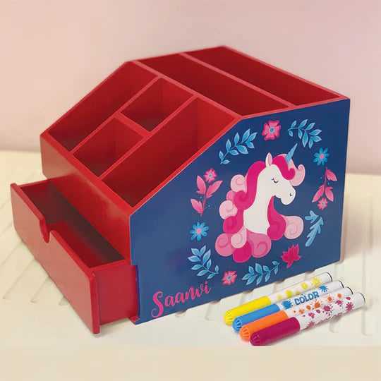 Stationery Stand with Drawer - Blue Unicorn (PREPAID ONLY)