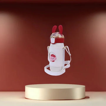 Cute Rabbit Ear Anti-Leak Cartoon Print Steel Water Bottle with sling strap For Kids 530ML