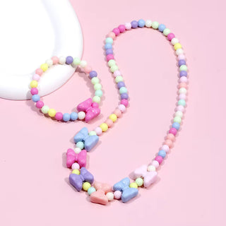 Adorable Bow Design Children's Bracelet and Necklace with Colorful Acrylic Beads