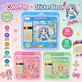 ColorPop + StickerBlast 2-in-1 Sticker Colouring Kit for Kids — 12 Acrylic Markers & 20-Page Book (Random)