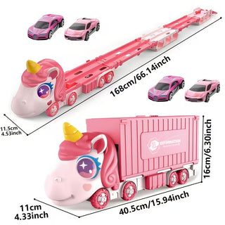 Unicorn Car Carrier Truck Toy with Foldable Race Track & Mini Alloy Cars