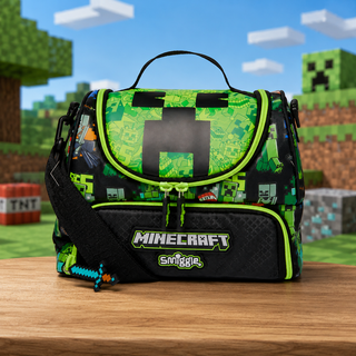 Minecraft Creeper Double Decker Lunch Bag for Kids | Adjustable Shoulder Strap | Black & Green