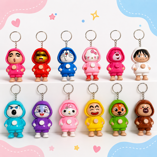 Full collection of 12 kawaii face changer keychains in vibrant colours