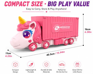 Unicorn Car Carrier Truck Toy with Foldable Race Track & Mini Alloy Cars