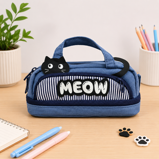 Meow Cat Pencil Pouch with Handle | Cute Zipper Stationery Bag for Kids