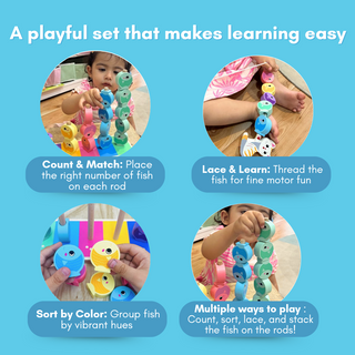 Cots and Cuddles Wooden Cat and Fish Counting, Sorting, Stacking & Lacing Activity Toy for Kids
