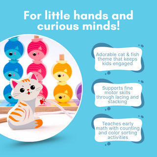 Cots and Cuddles Wooden Cat and Fish Counting, Sorting, Stacking & Lacing Activity Toy for Kids