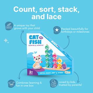 Cots and Cuddles Wooden Cat and Fish Counting, Sorting, Stacking & Lacing Activity Toy for Kids