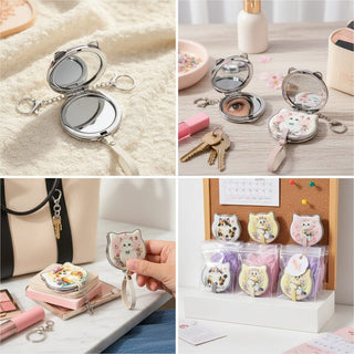 Cat-Shaped Foldable Mirror Keychain — Pastel Glitter & Printed Designs