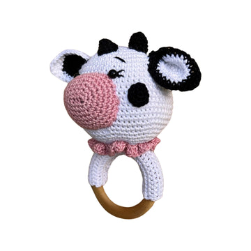 Cuddly Cow Rattle Teether Ring: Adorable Crochet Toy for Kids