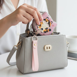 Cat-Shaped Foldable Mirror Keychain — Pastel Glitter & Printed Designs