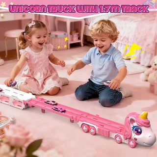 Unicorn Car Carrier Truck Toy with Foldable Race Track & Mini Alloy Cars