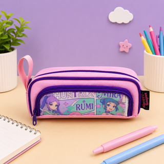 Huntrix Anime Double-Zip Pencil Pouch for Girls | Rumi & Saira | Pink & Purple