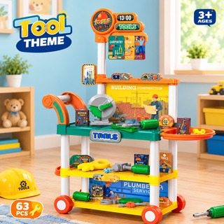 Kids’ tool workbench trolley with pretend tools, storage shelves and colourful construction graphics