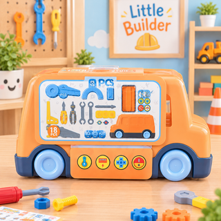 Orange truck-shaped kids tool case with illustrated contents including toy spanners, screwdriver, pliers and saw