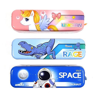 Dual Compartment Metal Pencil Box for Kids | Unicorn, Dinosaur & Space Designs