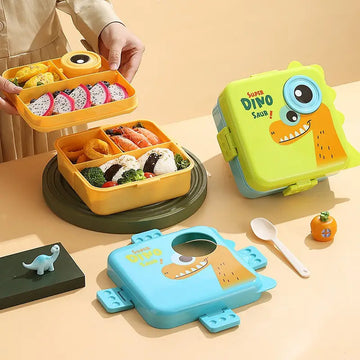 1590ml 5 Compartment Dino Eye Design Lunch Box with Spoon and 70ml Salad Cup