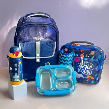 Space Theme Combo Set: Backpack, Thermal Bottle, Lunch Box, and Lunch Bag for Kids 4pc Set