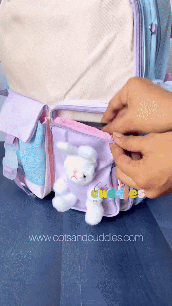 Cute Bunny Soft Toy Backpack for Small Primary School Kids with Multiple Zip Pockets and Anti-Theft Pocket