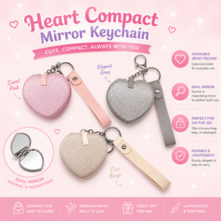 Glitter Heart Compact Mirror Keychain – Dual Mirror | Cute Gift for Girls