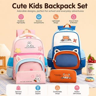 Cute Kids Backpack Set with Pencil Case – Bunny & Fox Design