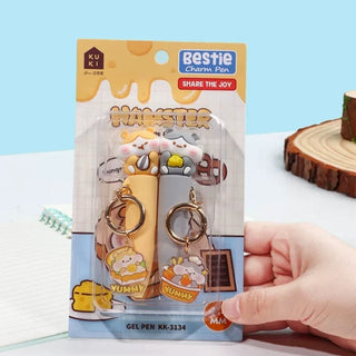 Kawaii Character Bestie Charm Gel Pen | Cute Topper Pen with Keychain 2pc  (Random)