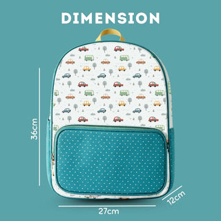 Cots and Cuddles Cute Vehicles Theme Printed Canvas Backpack for Kids