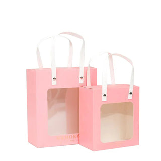 Pack of 10 | Portable Paper Gift Bag with Transparent Window (Pink) | 3 size Available