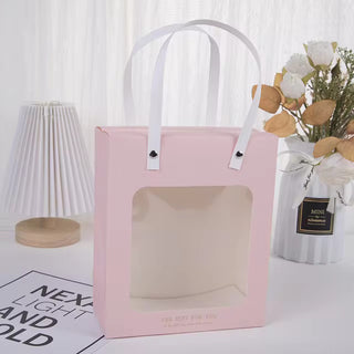 Pack of 10 | Portable Paper Gift Bag with Transparent Window (Pink) | 3 size Available