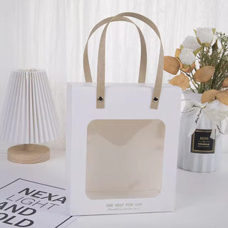 Pack of 10| Portable Paper Gift Bag with Transparent Window (White) | 3 Sizes Available