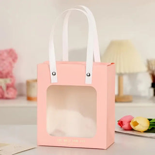 Pack of 10 | Portable Paper Gift Bag with Transparent Window (Pink) | 3 size Available