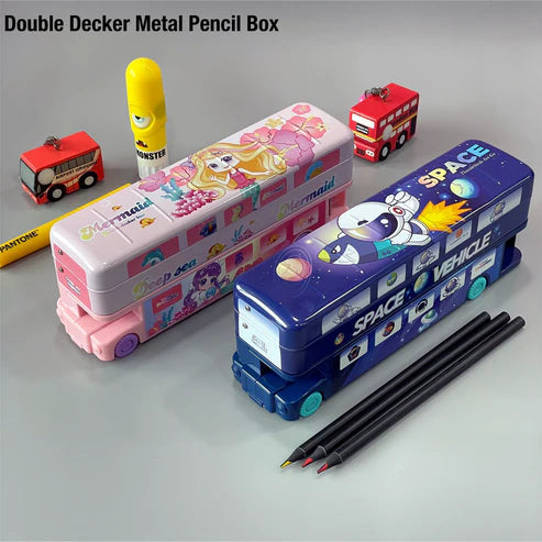 Double Decker Metal Pencil Case with Wheels