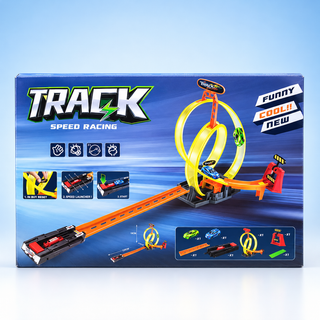 Back packaging showing assembled orange racing track, yellow double loops, car launcher and two cars