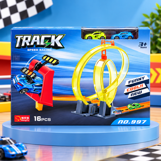 Front packaging of 16-piece double loop racing car track set with launcher and blue and green cars