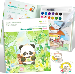 Panda's Magic Watercolour Colouring Book Set – Fantasy Painting Kit for Kids with 12 Colours & Brush