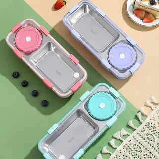 600ml 2 Compartment Stainless Steel Lunch Box with Cutlery and 150ml Cup