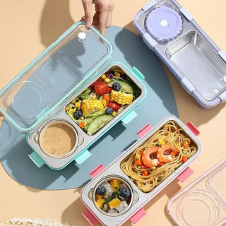 600ml 2 Compartment Stainless Steel Lunch Box with Cutlery and 150ml Cup