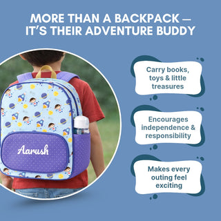 Cots and Cuddles Cute Space Buddy Theme Printed Canvas Backpack for Kids (Customized) (PREPAID ONLY)