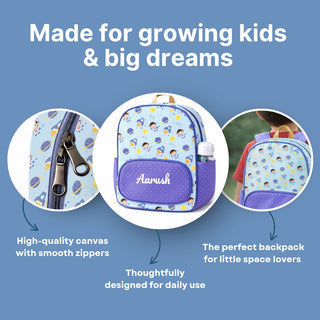 Cots and Cuddles Cute Space Buddy Theme Printed Canvas Backpack for Kids (Customized) (PREPAID ONLY)
