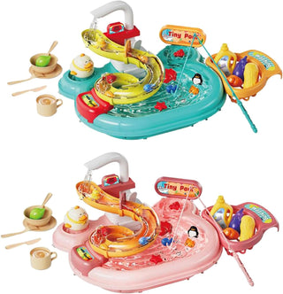 3-in-1 Running Water Play Sink Toy with Fishing Game & Kitchen Set