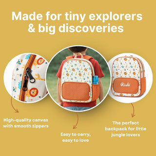 Cots and Cuddles Cute Playful Safari Theme Printed Canvas Backpack for Kids (Customized) (PREPAID ONLY)
