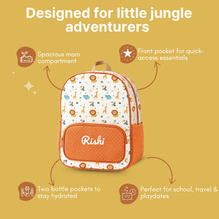Cots and Cuddles Cute Playful Safari Theme Printed Canvas Backpack for Kids (Customized) (PREPAID ONLY)