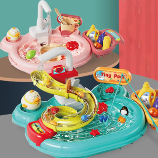 3-in-1 Running Water Play Sink Toy with Fishing Game & Kitchen Set