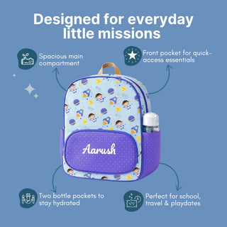 Cots and Cuddles Cute Space Buddy Theme Printed Canvas Backpack for Kids (Customized) (PREPAID ONLY)