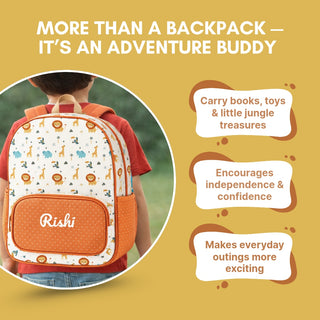 Cots and Cuddles Cute Playful Safari Theme Printed Canvas Backpack for Kids (Customized) (PREPAID ONLY)