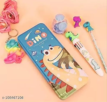 Dino Theme Pen & Pencil Double Layer Metal Compass Case For Children