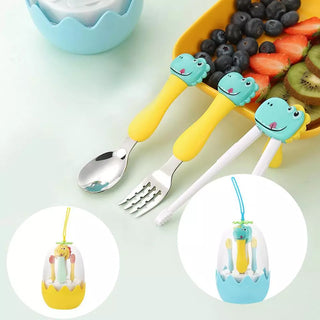 Dinosaur Design Stainless Steel Cutlery Set with Egg-Shaped Case
