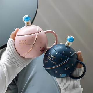 Space Design Ceramic Cup with Lid and Spoon